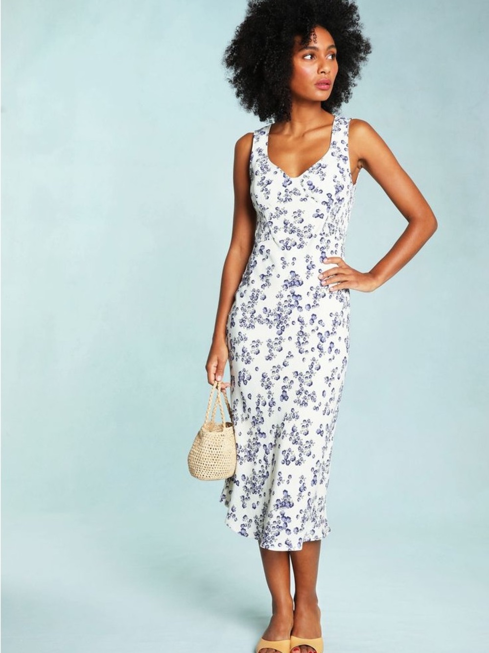 Rouje White Midi Dress with Blue Floral Print